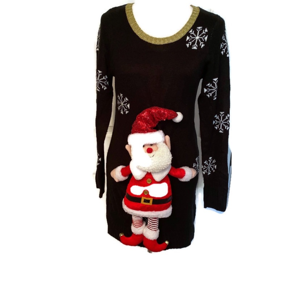 IT’S OUR TIME SWEATER SCOOP NECK SANTA PLUSH XMAS CHRISTMAS BLACK Size M